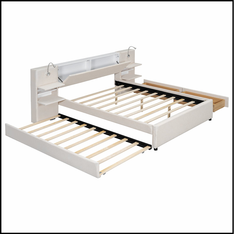 Lit plateforme tapissier avec lampes de lecture, tiroirs, lit gigogne et tablettes pour un confort et une organisation ultimes