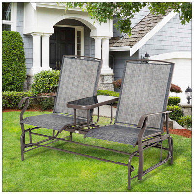 Outdoor Glider Bench With Center Table, Metal Frame Patio Loveseat With Breathable Mesh Fabric And Armrests For Backyard Garden Porch
