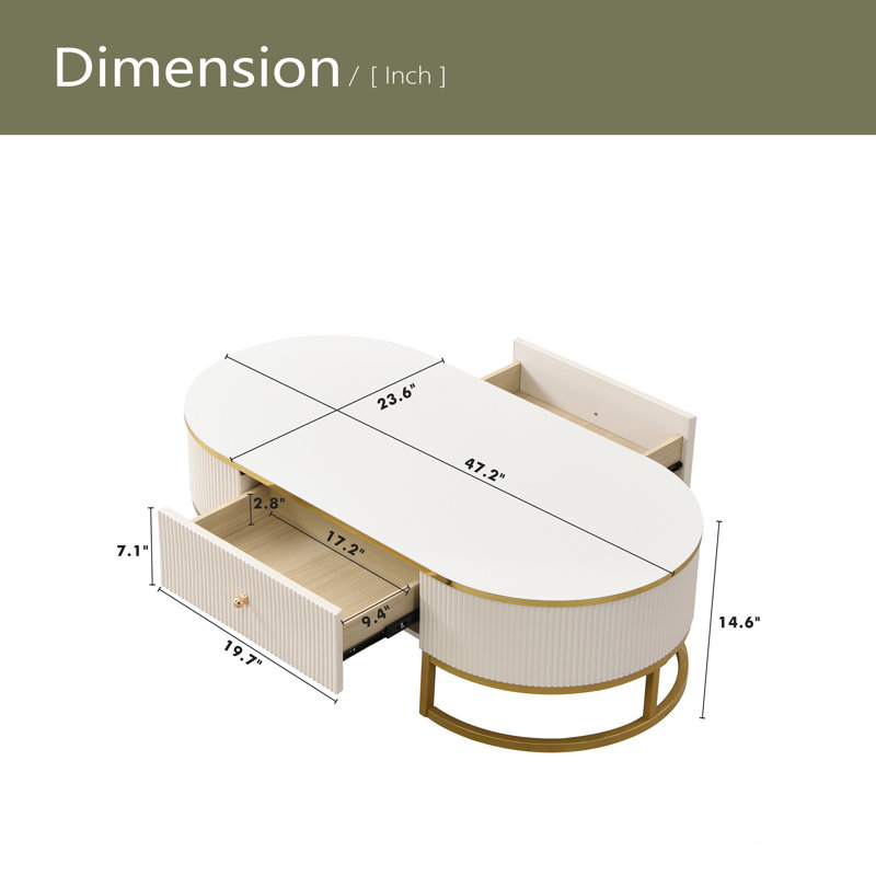 Table basse ovale avec tiroirs, conception à profil incurvé, décor en métal doré, table centrale pour le salon de 47,2 po