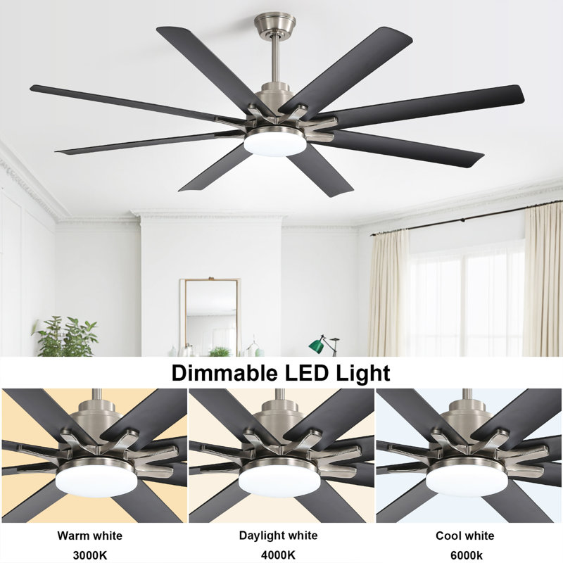 Ventilateur de plafond moderne de 66 pouces avec DEL à intensité variable et commande vocale intelligente, Noir