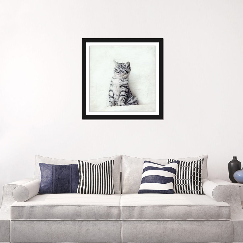 Art sur toile clin d’œil chat, Papier d'art encadré noir, Blanc, H 24 po x l 24 po x P 1 po