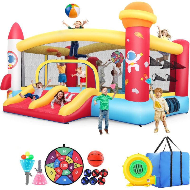 Château gonflable gonflable pour grands enfants 3-12, grand château gonflable à thème fusée avec double glissade de course, piliers de perforation, cerceaux de basketball doubles, jeu de fléchettes et jeu de lancer de balle