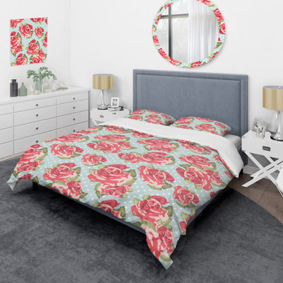 Roses rouges et feuille verte - ensemble de housse de couette à motif floral - microfibre de polyester
