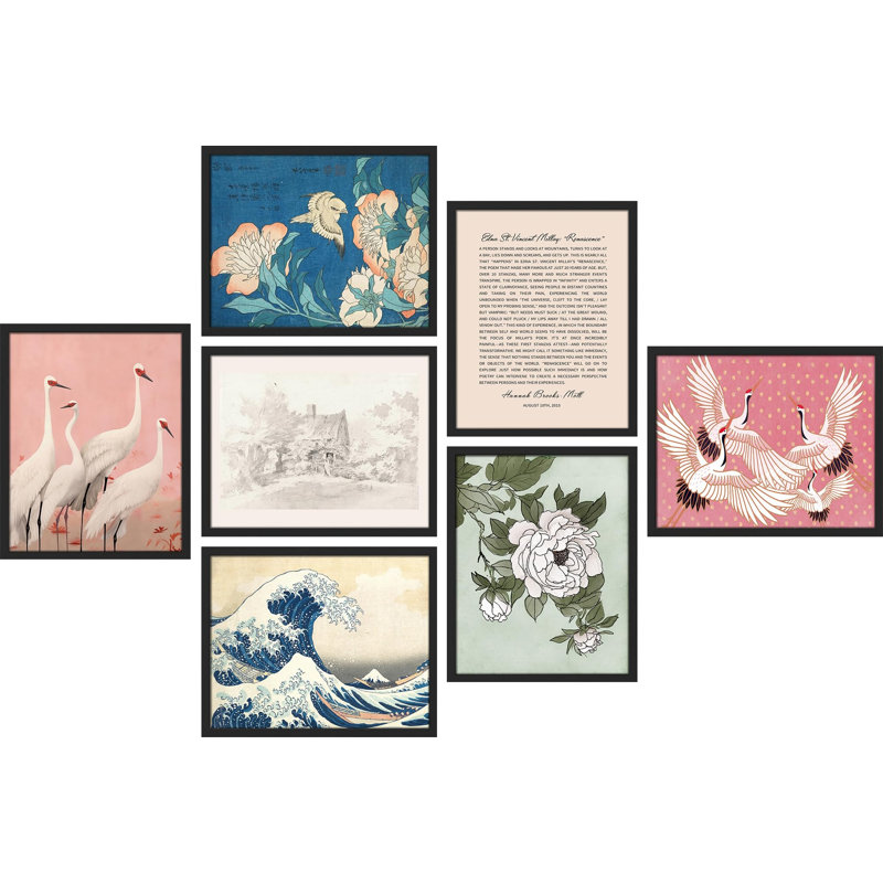 Vague de Kanagawa, océan, fleur, illustration, minimalisme, décor, rustique, confortable, zen, beaux-arts, Noir
