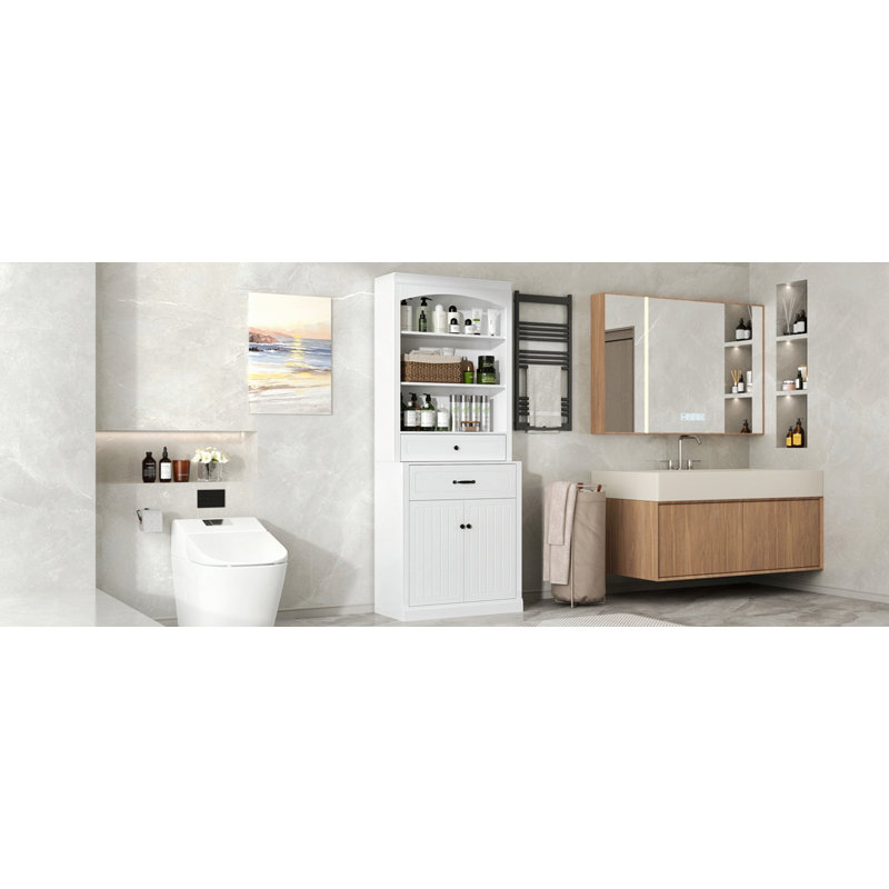 Élégante armoire de rangement pour salle de bain, armoire de rangement pour salle de bain avec portes, tiroirs, tablette réglable et trois tablettes ouvertes
