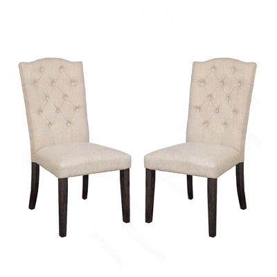 Set Of 2 Linen Upholstered Dining Chairs With Tufted Back, Beige And Weathered Espresso