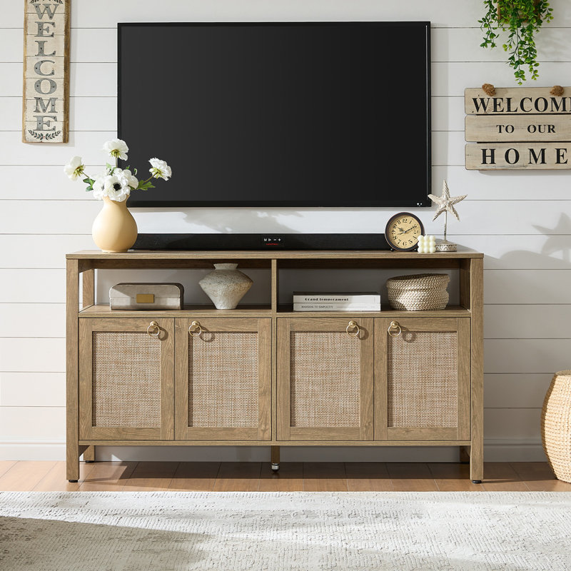 Pomodoro Boho TV Stand With 4 Rattan Storage Cabinets, Farmhouse TV Entertainment Center For Tvs Up To 65'', Carbon Cherry