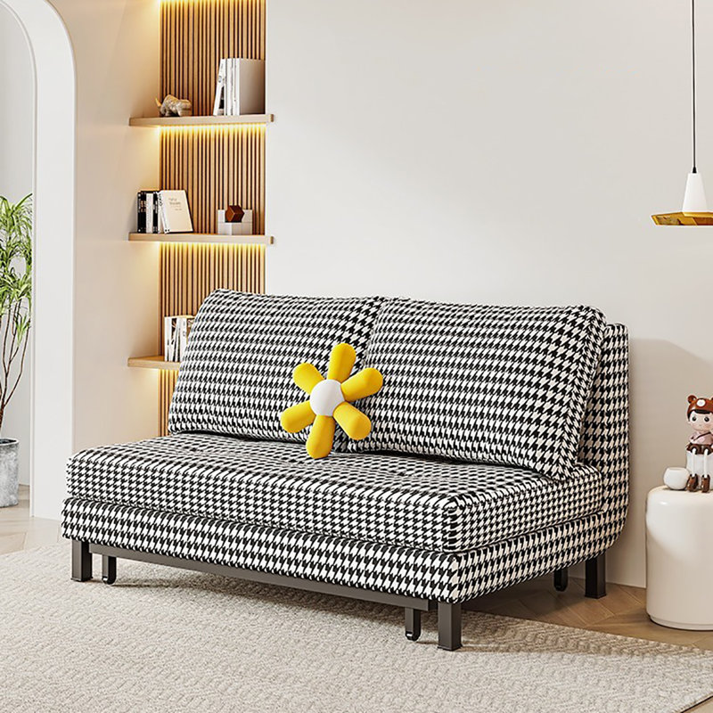 Black and White Modern Minimalist Cotton Linen Sofa Bed with Cushions, 34.65"H x 59.06"W x 32.28"D