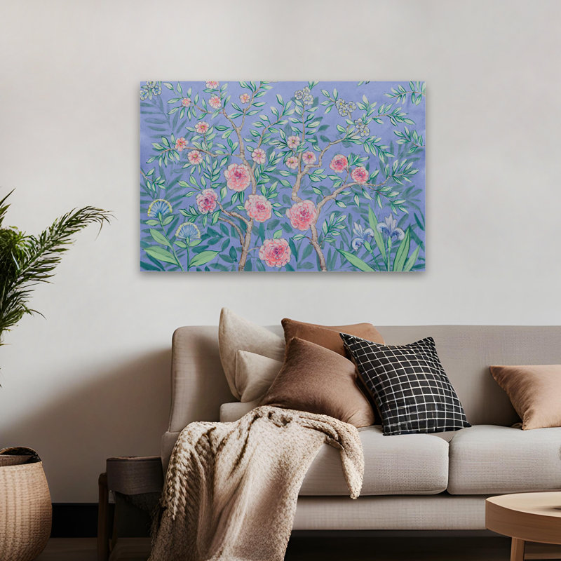 Art floral mauve en fleurs et branches, H 32 po x l 48 po