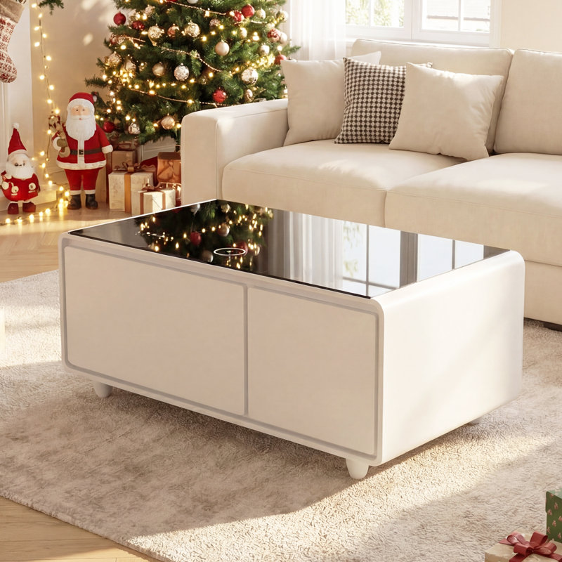 Smart Coffee Table with Fridge Drawer Wireless Charging and Bluetooth Speakers, White