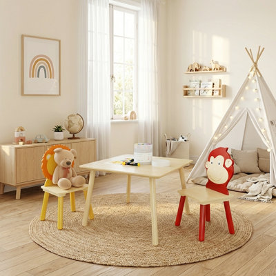 3 Piece Wood Activity Table & Chair Set For Kids Ages 2-6 - Wooden Drawing Play Table W/ 2 Animal Chairs For Nursery, Kindergarten, Home (Lion&Monkey)