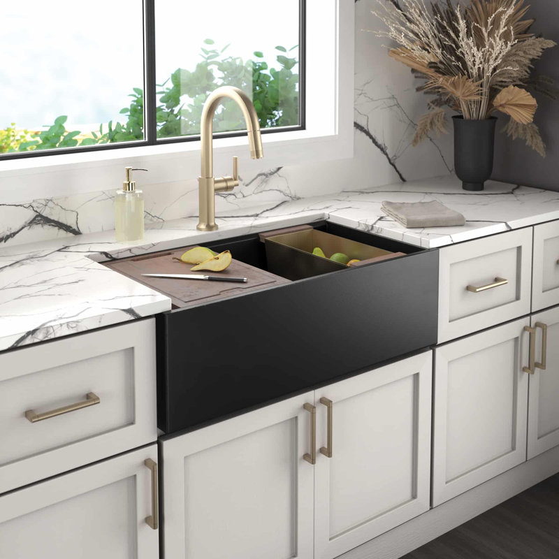 33" Farmhouse Concierge Apron Front Concrete Workstation Kitchen Sink in Ash with Cutting Board, Earth
