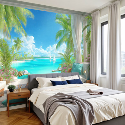 tropical Peel and Stick Wallpaper Summer Sea Hawaiian Tropical Beach Plants Villa Terrace Island Summer Wall Murals 100"H x 144"W Removable PVC Wall Paper Self-Adhesive Wall Decor for Bedroom Living Room Home Office
