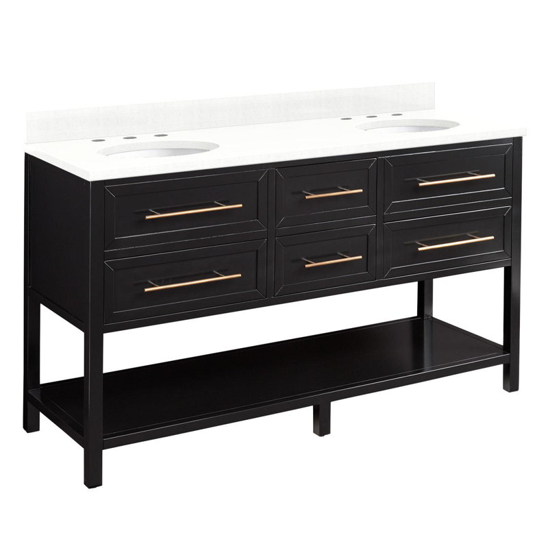 60" Robertson Double Bathroom Vanity Set with Oval Undermount Sinks, Black, 8" Widespread, Feathered White Quartz