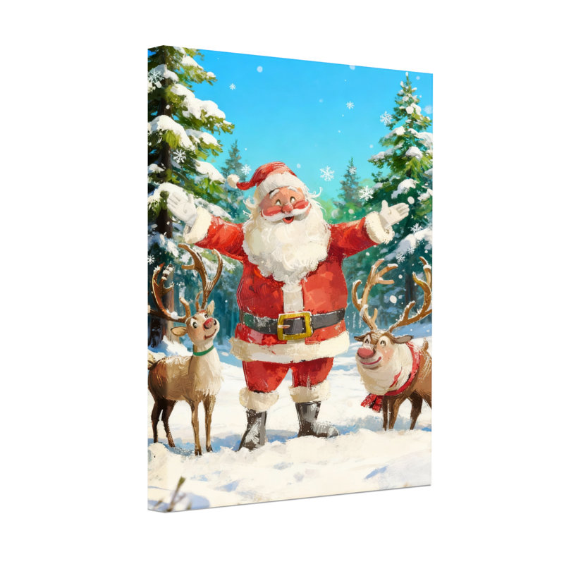 Noël père Noël avec renne dans la forêt enneigée, H 18 po x l 12 po