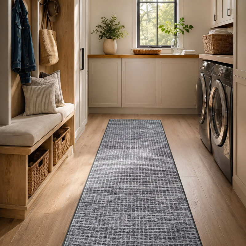 Tapis d'intérieur antidérapant, lavable à la machine, texture lin, gris ardoise, Gray, 2' x 6'