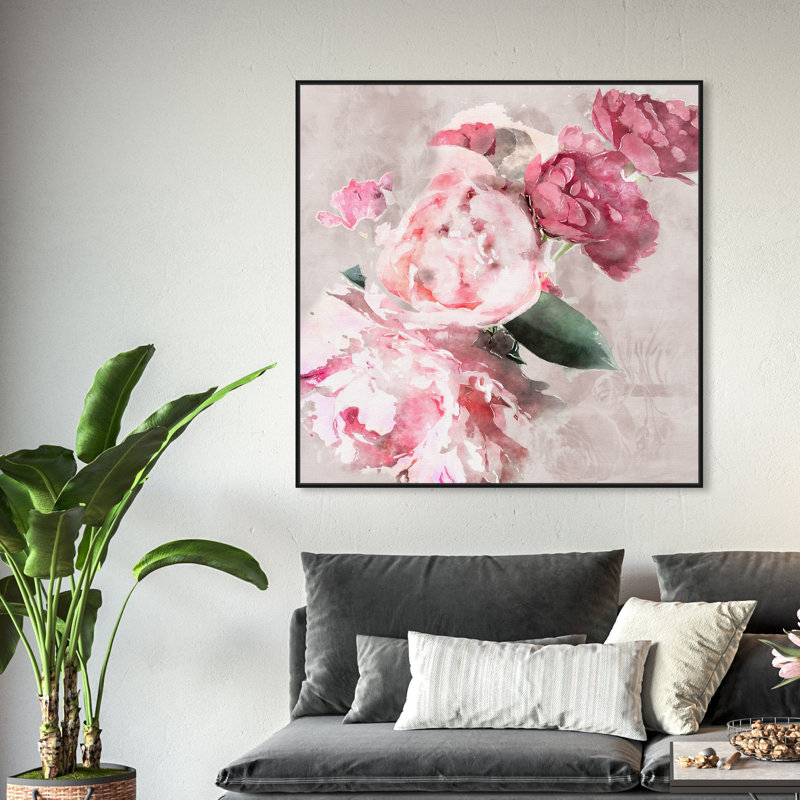 Doux romantique, rose traditionnel - peinture, H 40 po x l 40 po, Cadre flottant noir