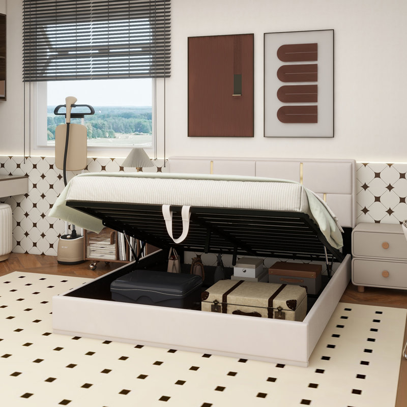 Grand lit plateforme tapissier avec système de rangement hydraulique, sans sommier tapissier, Beige