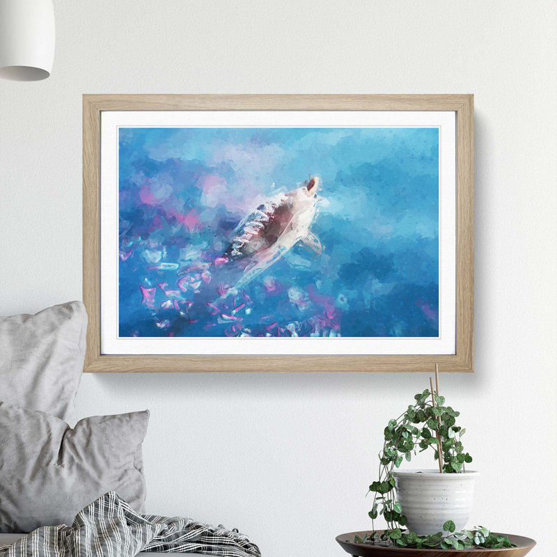 Swimming Dolphin in Abstract - Picture Frame Graphic Art Print, Oak Framed, 48cm H x 65cm W x 2cm D
