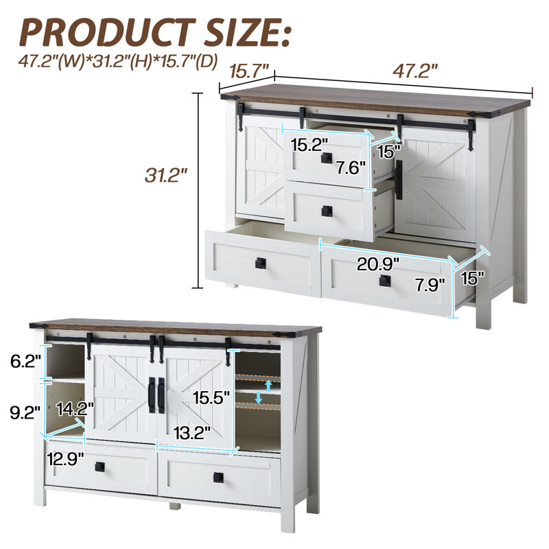 Commodes de ferme l 48 po avec 2 portes de grange coulissantes, Blanc / Brun