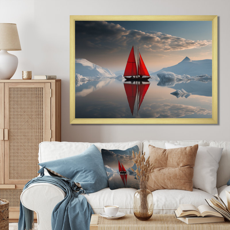 Voilier rouge arctique - impression sur toile, H 34 po x l 44 po x P 1,5 po, Cadre doré à une seule photo