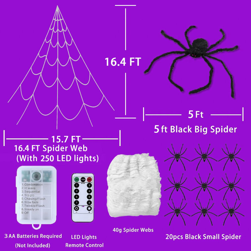 250-Light LED Halloween 150cm Spider Web with 8 Lighting Modes Plush Spider with Remote Control for Indoor or Outdoor Decoration