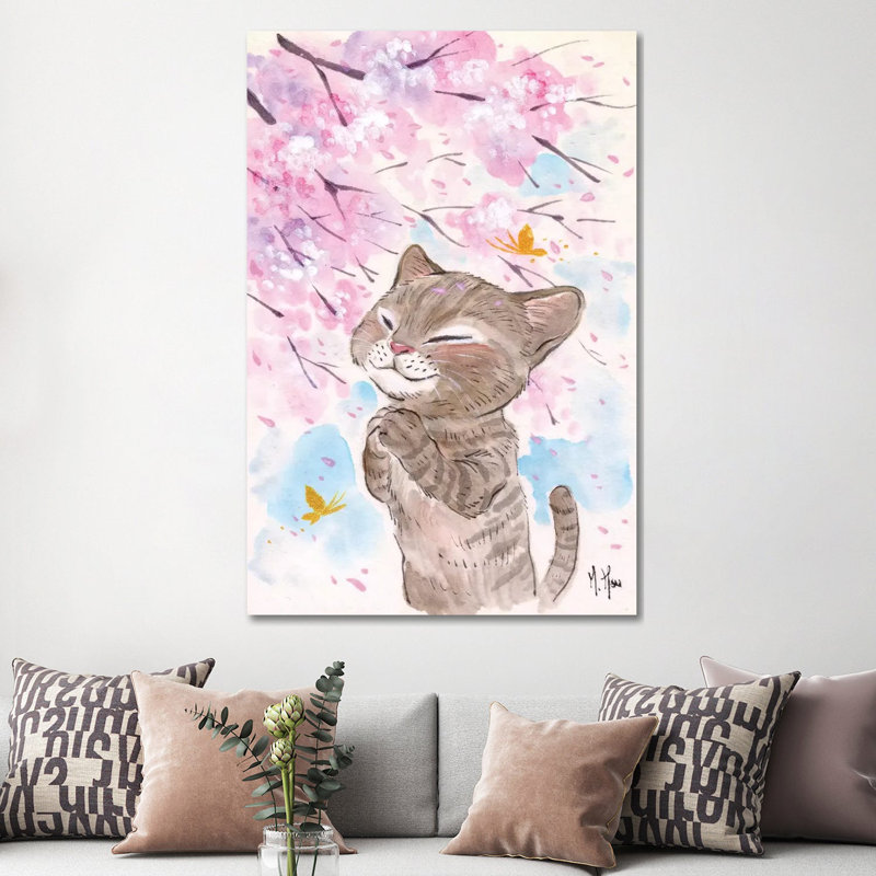 Cherry Blossom Wishes - Cat by Martin Hsu - Painting on Canvas, Wrapped Canvas, 66.04 cm H x 45.72 cm W x 3.175 cm D