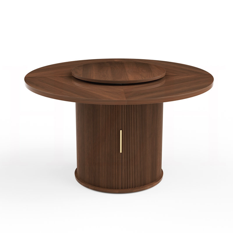 55" Round Dining Table (Walnut) Seats 6 - Wooden Dining Table With Double Storage Shelves, Rotating Tray, And Wavy Sliding Door - Suitable For Dining/Living Rooms