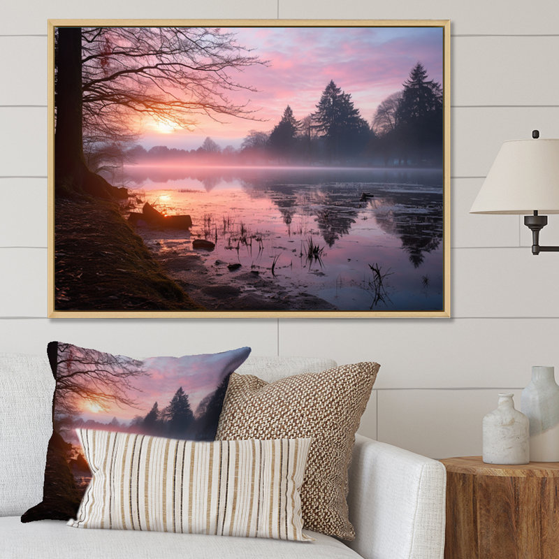 «Pastel Sunrise Misty Mountain Lake I», reproduction, 30" H x 40" W, Cadre naturel flottant