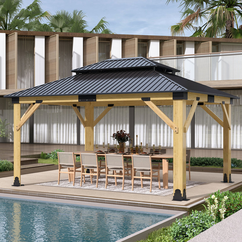  Abri de jardin en bois 13 po x 15 pi, abri de jardin en acier pour terrasse, toit en bois de cèdre avec double toit en métal, convient aux patios, à la pelouse et à la cour arrière