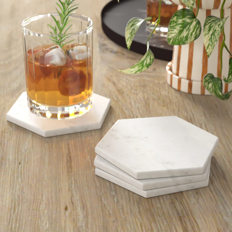 Delray White Marble Hexagon Coaster Set