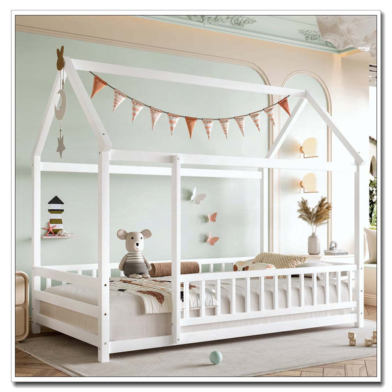 Lit simple en bois avec structure de toit, Blanc