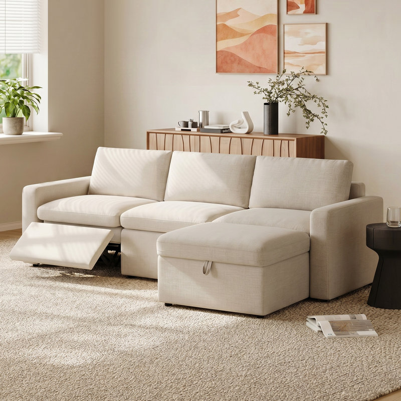 Canapé modulaire inclinable électrique 4 pièces Lana, Mélange de lin beige