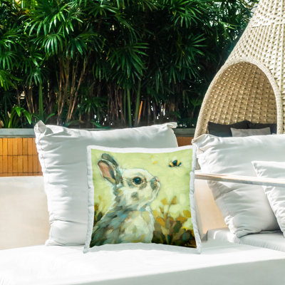 Bunny Eyeing Bumble Bee Outdoor Printed Pillow by Andrea Lavery