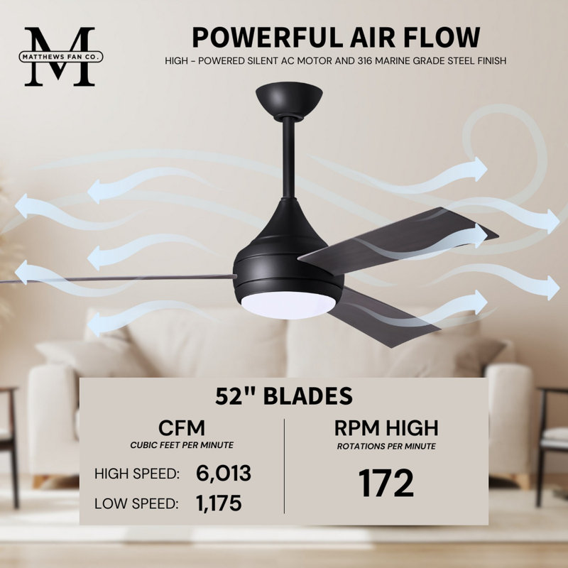 Donaire LED Outdoor Downrod Ceiling Fan, Matte Black, Brushed Bronze