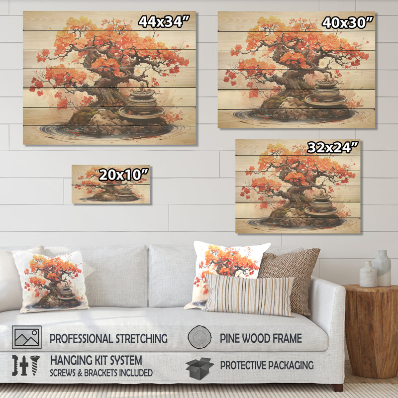 Autumnal Bonsai Charm II - Bonsai arbre sur bois, H 30 po x l 40 po