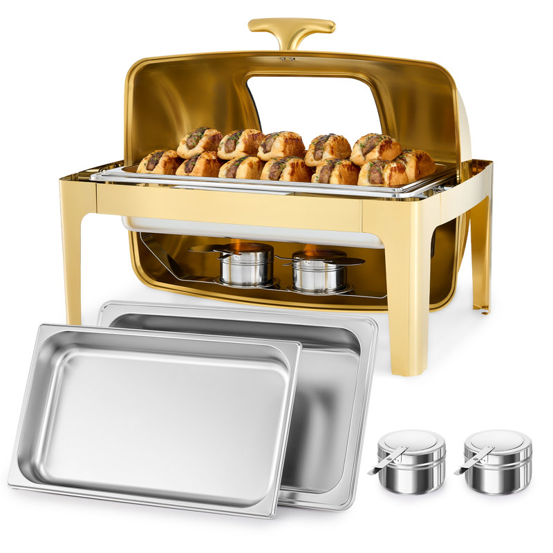 8.4 qt Rectangle Roll Top Chafing Dish Buffet Set, Gold