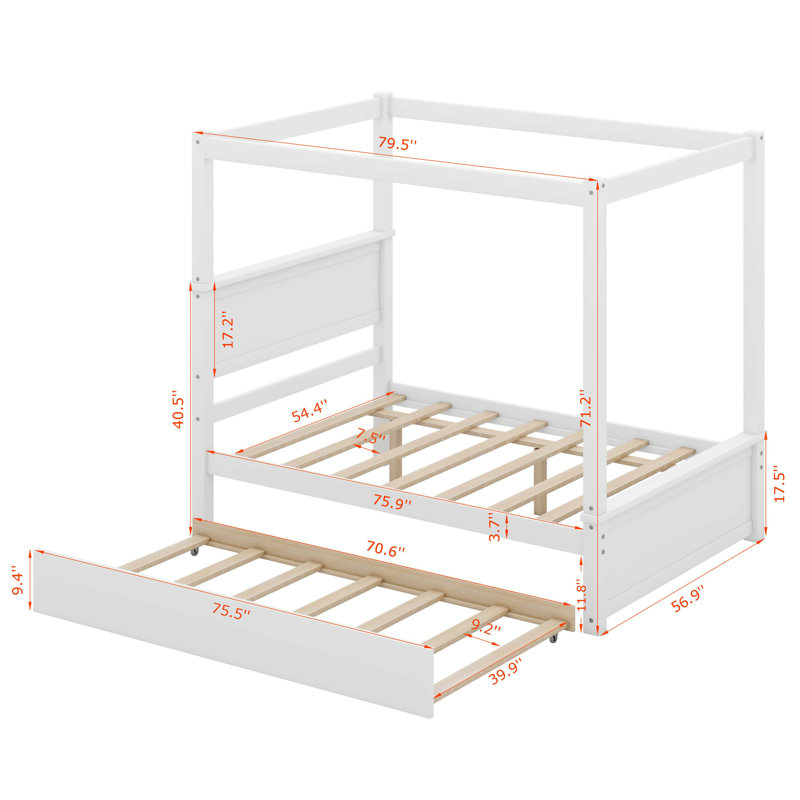 Cactier Full Size Canopy Platform bed With Trundle Bed, Brushed White