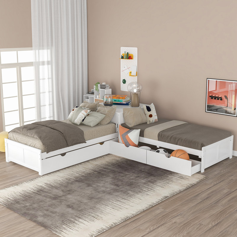 Twin Size L Shape Platform Bed Frame With Trundle, Rawers And Built-In Table, White