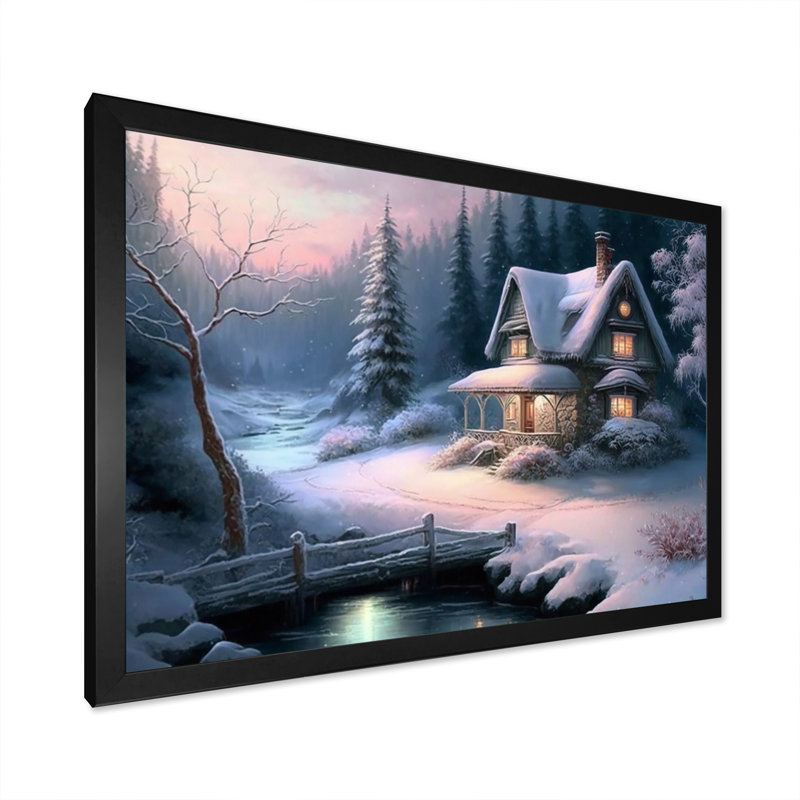 Winter Scene Farmhouse - Landscape Cottage, art mural, Cadre simple noir, H 12 po x l 20 po x P 1 po