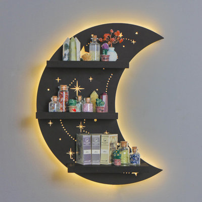 Crescent Moon Wall Shelf with LED Light, 3-Tier Celestial Display Shelf for Crystals, Trinkets and Decor