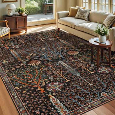 Vintage Tree of Life Area Rug - Oriental Distressed Floral Print Washable Rug for Living Room, Bedroom, Dining Room