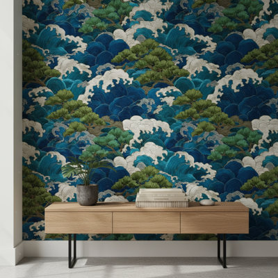 Papier peint japonais, vagues, pin, décoration murale