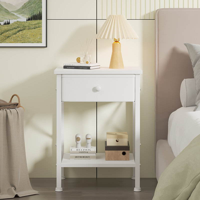 Fabric Drawer Nightstand With Open Shelf, Small Bedside Table For Bedroom, Living Room Or Dorm, White