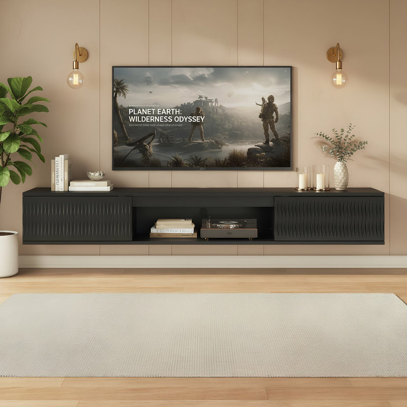 Meuble télé moderne flottant avec rangement mural de 63 po pour meuble télé de 70 po ou moins, Black