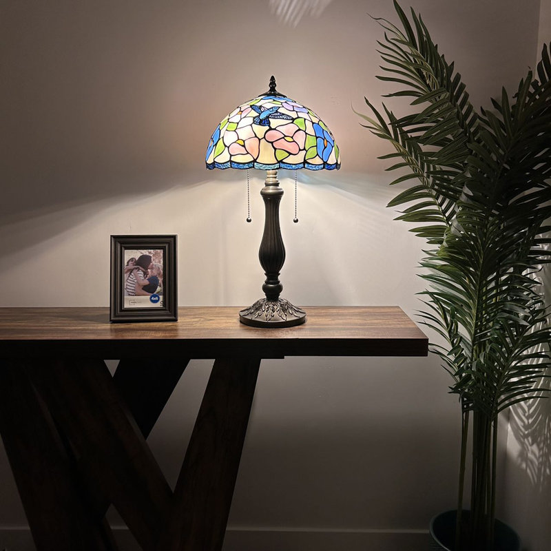 Bernhardus Tiffany Table Lamp Hummingbird Flowers Pink Blue Stained Glass Included LED Bulbs H22"