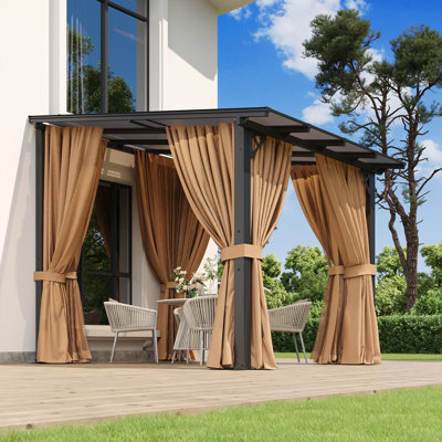 8'x10' All-Weather Outdoor Pergola with CurtainsWall-Mounted Polycarbonate Patio Gazebo