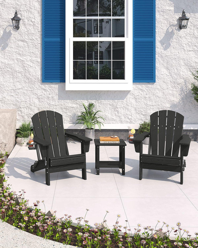 Folding HDPE Adirondack Chair with Cup Holder, Wood-Grain Texture, All-Weather Outdoor Patio Seating for Decks, Gardens, Fire Pit