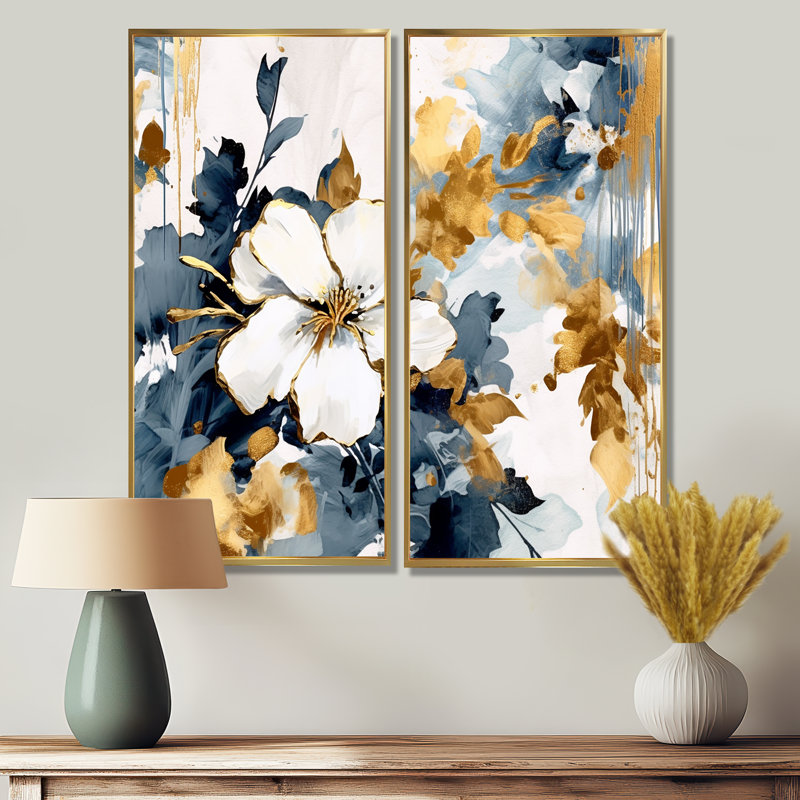 Harmonie d'hibiscus tropical bleu et blanc - décoration murale traditionnelle 2 panneaux, H 20 po x l 24 po, Doré