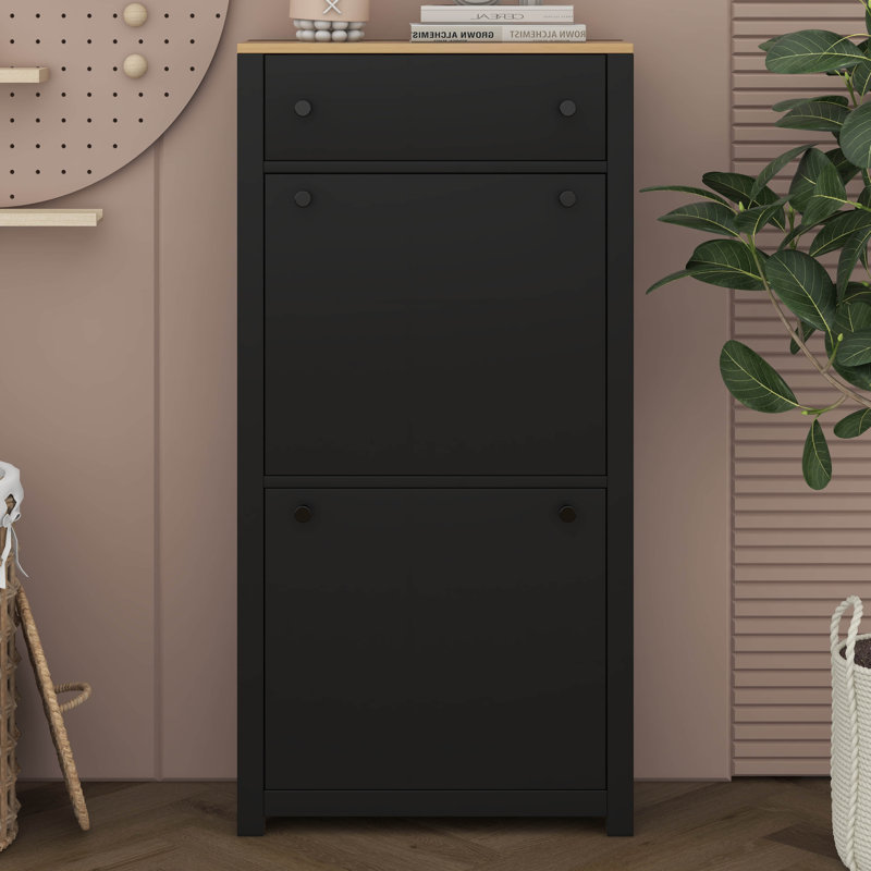 Armoire à chaussures avec 2 tiroirs rabattables pour le vestibule, armoire à chaussures à motif grain de bois avec tiroir, panneau réglable
